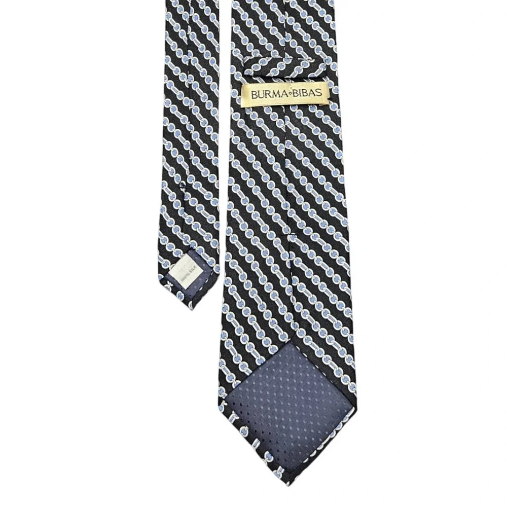 Burma‎ Bibas Silk Tie Black Blue Chain Link Pattern 100% Silk Classic Neckwear